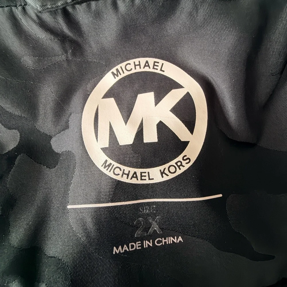 Michael Kors Women’s Water Resist Anorak Jacket Black Camo Hooded Snap Zip Sz 2X